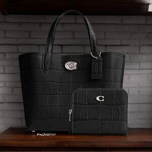 Coach Embossed Croc Willow Tote 24 + Wallet in Black NWT